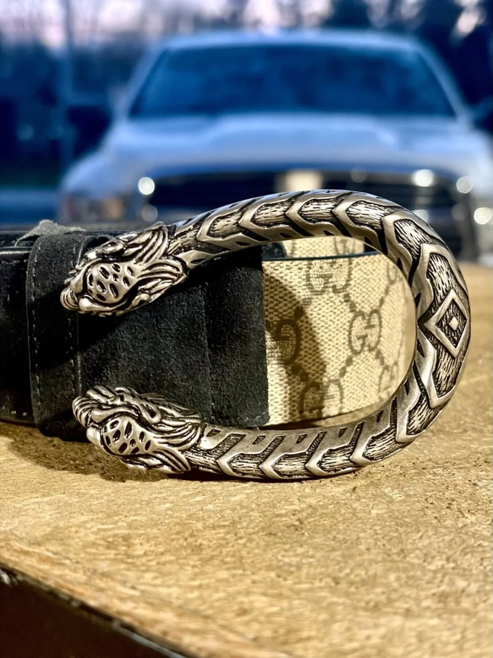 Gucci – Dionysus GG Supreme Canvas Belt Double Tiger Head – Beige/Black – Sz. 36